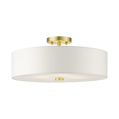 Livex Lighting 51055-12 Meridian Collection 4-Light Semi Flush Mount Ceiling Light with Off-White Hardback Fabric Shade, Satin Brass, 18 x 18 x 8.13