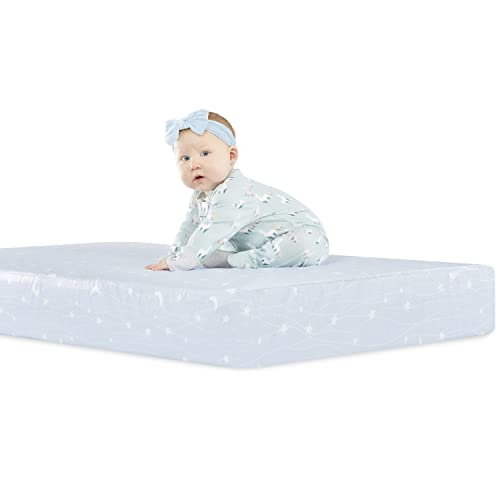 Dream On Me Sparkling Dreams 2 In 1 Crib And Toddler Mattress, Blue Waterproof Vinyl Cover, Greenguard Gold And Jpma Certified, Copper-Infused Toddler Layer, Maximum Support And Safety #TOP3