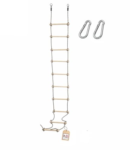 h2i Strickleiter - 350 cm lang – Kletterleiter mit 10 Holzsprossen – Hängeleiter inkl. Karabiner für Garten & Baumhaus