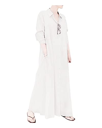 Image of Ladyful Women's Cotton Linen Maxi Dress Summer Long Sleeve Shirt Dress | Button down, Collared, Pockets, Solid color /Striped, Summer Caftans for women, Plus size, Cotton maxi dress for Party, Beach