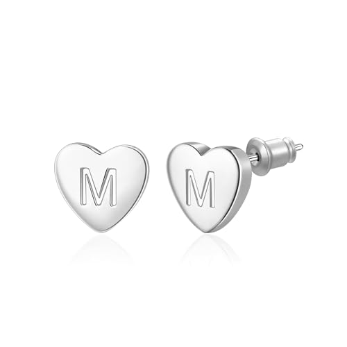 Heart Initial Earrings Sliver Plated Hypoallergenic Little Leatter Earrings Birthday Easter Graduation Gifts (Sliver M), No Gemstone