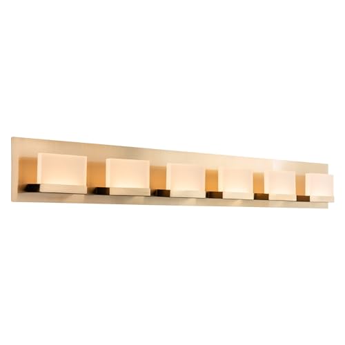 Image of Kira Home Everett 48 inch Modern 6-Light Integrated LED Gold Vanity Light, 60W 3000K Warm White Light, Minimalist Gold Bathroom Wall Sconce with Frosted Acrylic Blocks, Cool Brass Finish