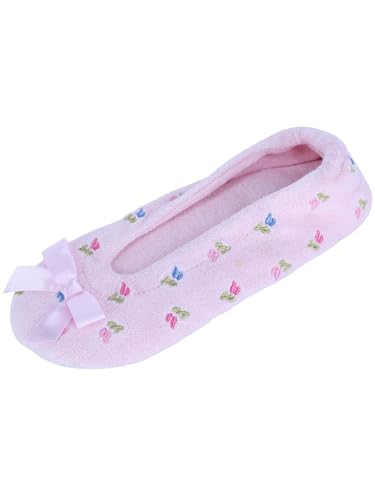 CTM Women's Floral Embroidered Terry Ballerina Slipper House Shoe4