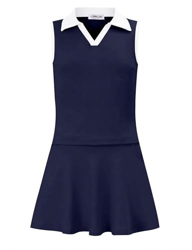 Kids Girls Tennis Golf Dress Outfit Sleeveless Dress with Pockets Athletic Skorts and Polo Tank Top Sets