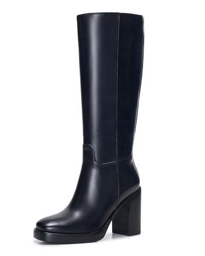 AITTA Women’s Platform Knee High Boots – Tall Fashion Boots with Square Toe, 3.5' Chunky Heel & Side Zipper, Comfortable Fall Winter Dress Boots for Casual, Work & Night Out, Black, Size 8