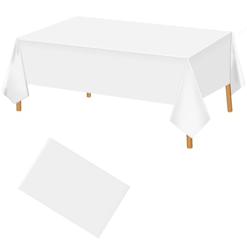 Image of Hxezoc White Disposable Plastic Tablecloth, 54 x 108 Inches Waterproof Table Cover for Wedding Birthday Party Baby Shower Decorations Outdoor Indoor Party Supplies