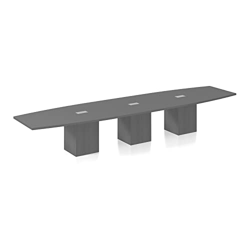 16 FT Gray Finish Modern Executive Boat Shaped Conference Room Table Wood Square Cube Legs Doors Grommets Racetrack 3 Power Data Modules Black Meeting Desk Boardroom Office High End