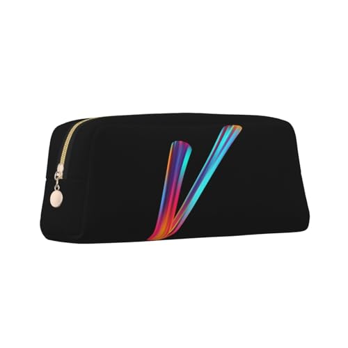 Image of Cute Initial Pencil Case for Kids Simple Leather Pencil Pouch for Boys Girls Letter Design Pencil Box Pen Bag Pencil Pouch Office Stationery Organizer, Rainbow Letter V