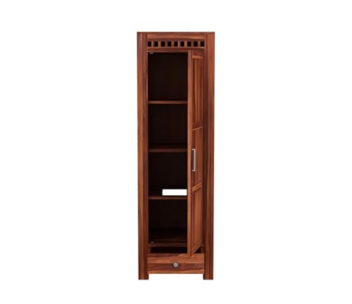 Image of Sheesham Wood Wooden Single Door Wardrobe Organizer for Clothes | - Solid Wood Almirah with 1 Drawers, 4 Shelves - Cupboard for Large Bedroom, Natural Finish