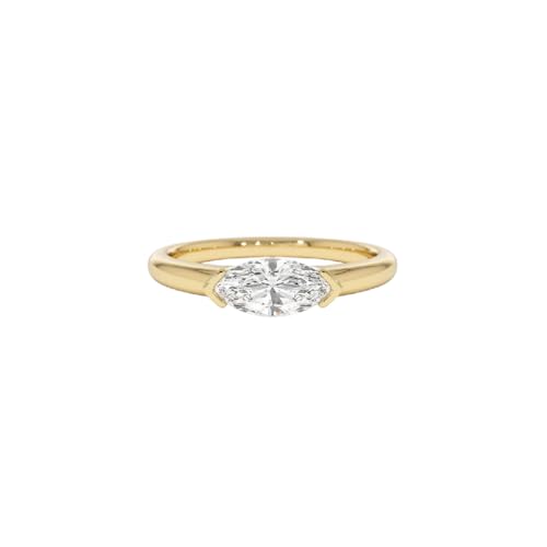 1 Ct Marquise Cut Diamond Delicate Half Bezel Set East-West Solitaire Engagement Ring For Women 14k Yellow Gold Plated Minimalist Mother's Ring 925 Sterling Silver Handmade Anniversary Ring
