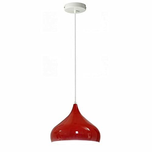 Image of LEDSone Modern Hanging Pendant Light Fitting, Industrial Single Loft Ceiling Adjustable Lamp with Retro Shiny Metal Large Light Shade, E27 Base 1m Pendant for Living Room, Kithcen Island (Red)