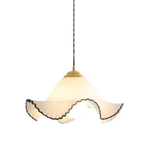 HUAYUSEDF Lámpara colgante de vidrio plisado japonés con borde volantes, lámpara latón negro, accesorio techo minimalista beige for iluminación dormitorio isla cocina, 12 pulgadas ancho