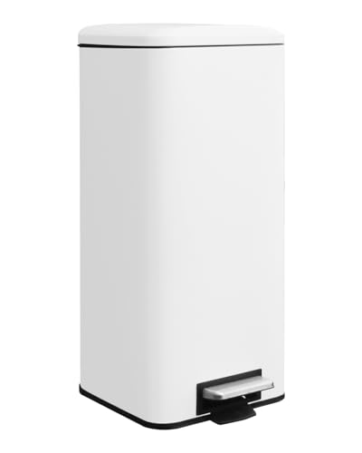 8 Gallon Square Trash Can with Lid, White Kitchen Trash Can with Soft Close, Stainless Steel Pedal 30 Liter Garbage Can for Home, Kitchen, Laundry Room, Office, Bedroom, Bathroom