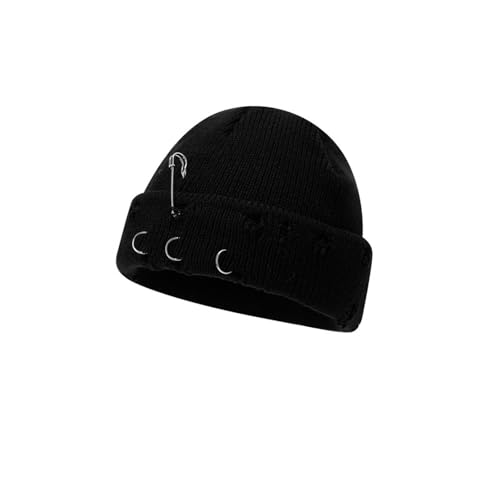 Gorro de punto de lana negro AYANCAI con pasador de anillo y agujeros retro para el frío 2