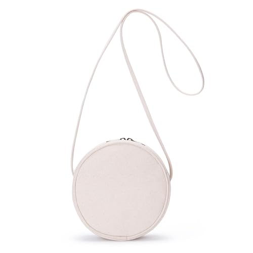YONBEN Bolso bandolera Circle para mujer - Monedero circular de lona de algodón con cremallera, correas de hombro con nudo ajustable (beige)