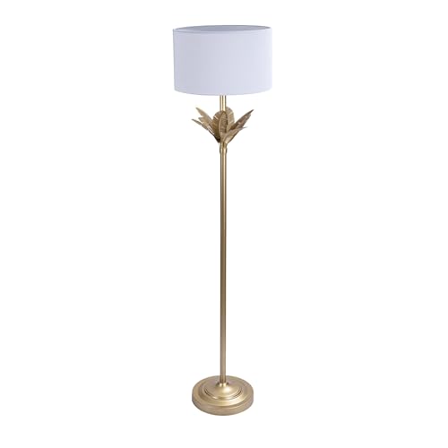 Lámpara de pie elegante con detalles en dorado y base artística de hojas de palma