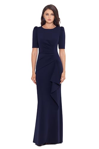 Image of Xscape Women's Long Boat Neck Bodycon Evening Gown with 3 /4 Sleeves, Side Ruching, & Cascading Ruffle