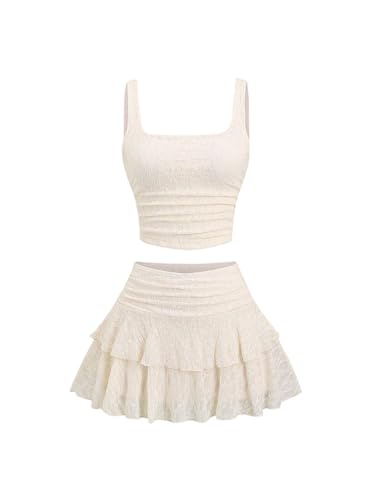 SHENHE Women's Two Piece Skirt Set Lace Ruched Fairy Crop Tank Tops...