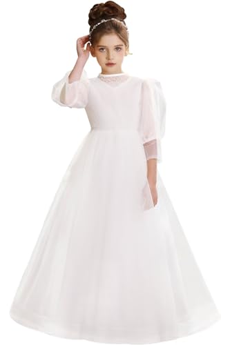 Tulle Flower Girl Dress for Wedding Puffy 3/4 Sleeves Floor-Length First Communion Dress with Beads