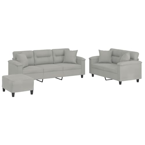Wynira Juego de sofá de 3 piezas, color gris claro, tejido de microfibra con sofá de 2 y 3 plazas, reposapiés, cojín, ahorro de espacio, moderno salón sofá, estructura robusta