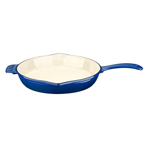 Lava Light-Colored Sand Enameled Cast Iron Skillet With Side Drip Spouts - 12 Inch Round Frying Pan With Glossy Sand-Colored Three Layers Of Enamel Coated Interior (Blue) #TOP1