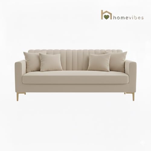 Image of 3 Seater Velum Fabric Sofa Set for Living Room, Modern Design with High Density Foam, Solid Wood Frame, Ergonomic Comfortable Seating for Home & Office (Beige, 3 Seater) | Soft foam comfort, Strong wood frame