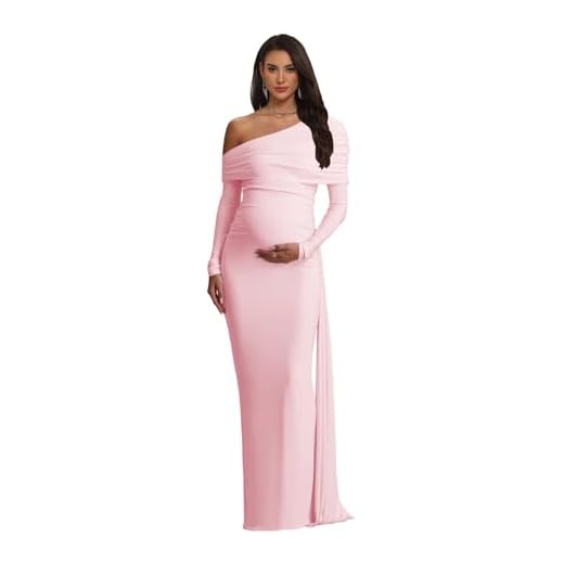 Mermaid One Shoulder Maternity Dress for Baby Shower Long Sleeve Ruched Satin Pregnant Gown Photography Pink
