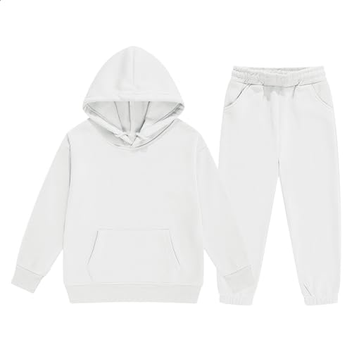 Boys Hoodies 2 Piece Outfit Fall Workout Long Sleeve Oversized Preppy Pullover Tops Sweatpants Set (White, 9-10 Years)