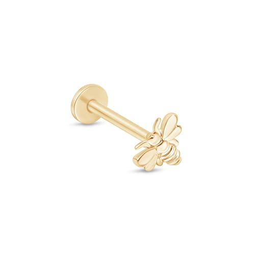 14K Solid Gold Cute Bumblebee Flat Back Stud Earring Internally Threaded Cartilage Earring for Helix, Tragus & Lobe Nose Ring Hypoallergenic Comfy Minimalist Stud Earring SINGLE or PAIR