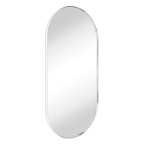 TEHOME Chrome Oval Bathroom Mirror 20x40'' Pill Shaped Oblong Vanity Mirror Metal Framed Capsule Mirror for Wall in Stainless Steel Rounded Rectangular Mirrors for Wall Mounted