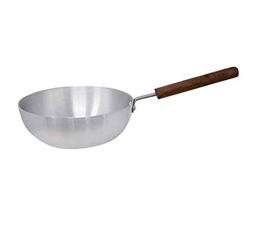 Sov Aluminium Biryani Pan Wok with Wooden Handle Deep Indian Chinese Cooking Large Stir Fry Flat Bottom Base Kitchen Restaurant Catering Home (24cm), Multicolour