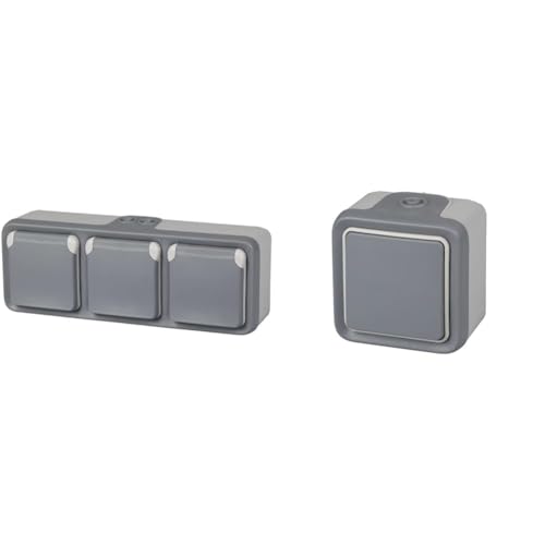 Legrand, 191515 Plexo Enchufe de Pared Triple, Enchufe estanco de Superficie de la Gama Plexo + 191501 Interruptor Conmutador Estanco de Superficie, Gris