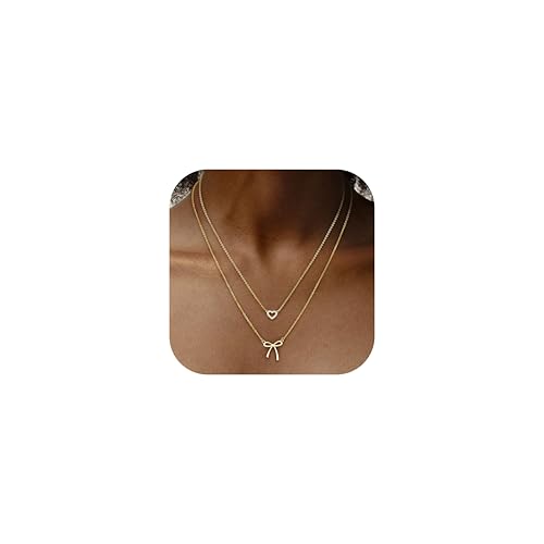 Dochais 2PCS Collar Oro Mujer Lazos Corazón Collar Oro 14K Collares en Capas Apilables Ajustables Collares Cadena Gargantilla con Colgantes para Mujeres Niñas Joyas Regalos A