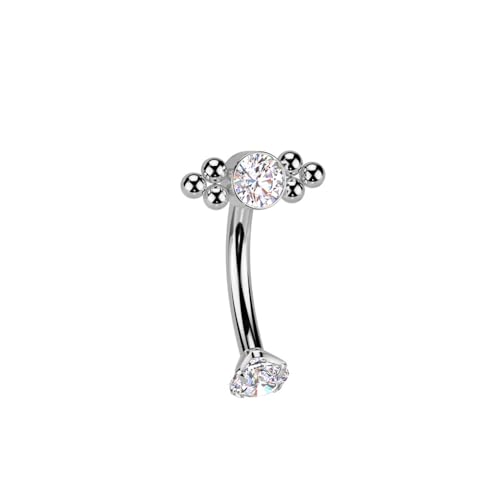 Pierced Owl 16GA ASTM F-136 Implant Grade Titanium Internally Threaded CZ Crystal and Ball Cluster Curved Eyebrow Barbell (Silver Tone)