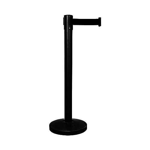 Queue Barrier with 3Meter Retractable Belt | Black Crowd Control Post with Weighted Base | 4-Way Connectable Stanchion with Powder-Coated Iron Finish for Queue Management & Events - Set of 1