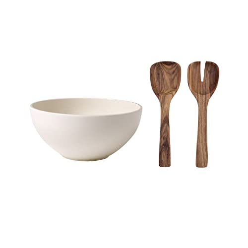 Villeroy & Boch Artesano Original Salatschüssel-Set, 3-teilig, Premium Porzellan/Holz, Weiß