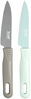 Tovolo Paring Knife Set of 2 Stainless Steel 8 Inch Kitchen Knives with Protective Blade Cover Sharp Small Comfort Grip Handle Paring Knife Set for Cutting Slicing Dicing Gray and Mint Green