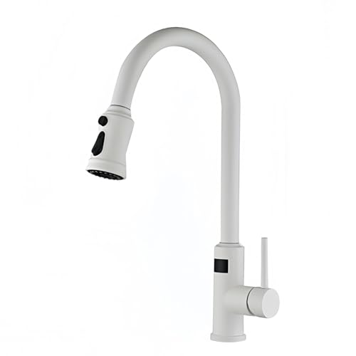Grifo de cocina elegante acabado blanco y gris con sensor inteligente y pantalla digital