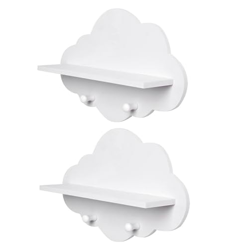 KYEQATY Mensole a forma di nuvola, 2 pezzi, mensole da parete in legno con gancio per cameretta dei bambini, per libri, giocattoli, nuvole, decorazione per la stanz