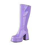 OAOKUSI Women's Purple Gogo Boots Knee High Platform Chunky Heel Square Toe Patent Leather 70s Disco Costume Boots for Party Halloween Cosplay(US8.5)