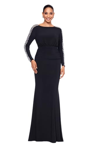 Image of Betsy & Adam Women's Floor-Length Long Beaded Sleeve, Jersey, Ruched Gown, Black /Silver, 6P