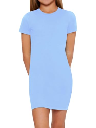 Shenhe Girl'S Basic Short Sleeve Crew Neck Bodycon T Shirt Pencil Mini Dresses Light Blue 11-12Y thumb #6