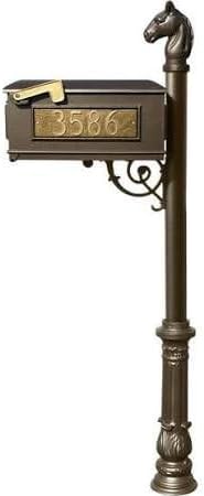 Mailbox Post System with Ornate Base & Horsehead Finial & 3 Cast Plates - Bronze