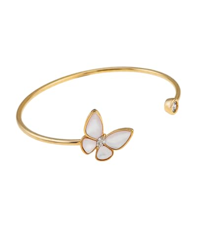 Dainty 18K Gold Mother of Pearl Butterfly Charm Cuff Bracelet with Cubic Zirconia Accents - Elegant Gift for Women