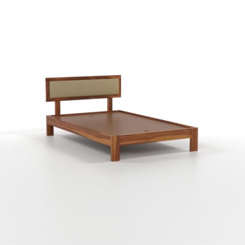 Image of Solid Sheesham Wood Single Bed Without Storage for Bedroom | Single Size Wooden Cot with Upholstered Headboard | Modern Platform Divan Bed for Home, Guest Room (Honey Finish)