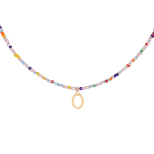 for Women Girls Letter PendantSummer Necklaces, Bohemian Beaded Necklace Colorful Beaded Initial Necklace Handmade Jewelry Gifts for Teens(O)