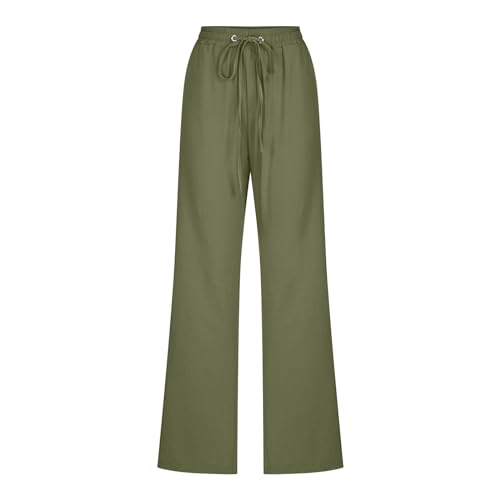 Image of Linen Pants Women High Waisted Drawstring Casual Pant Cotton Linen Straight Leg Lounge Trousers with Side Pockets