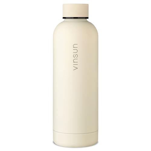 Vinsun Edelstahl Trinkflasche 1L - auslaufsicher, doppelwandig isoliert - Heiß & Kaltgetränke - Creme Weiße Thermoflasche für Uni, Fitness, Natur, Camping