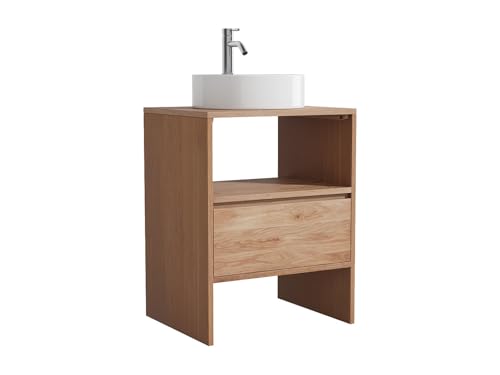 Vente-unique-Mueble de baño de Roble Macizo con Lavabo Redondo sobre encimera y Grifo - Natural Claro - 60 cm - CAVIZO