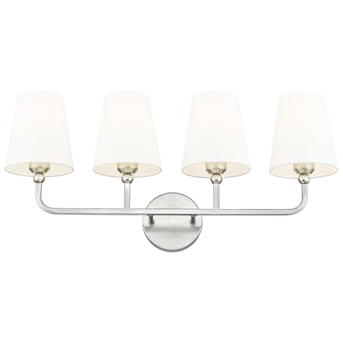 Image of Bathroom Light Fixtures, 4 Light Vanity Lights with Flared White Fabric Shade, 28 Inch Brushed Nickel Wall Sconce, Modern Sconces Wall Lighting for Hallway Bedroom, VL837-BN-4
